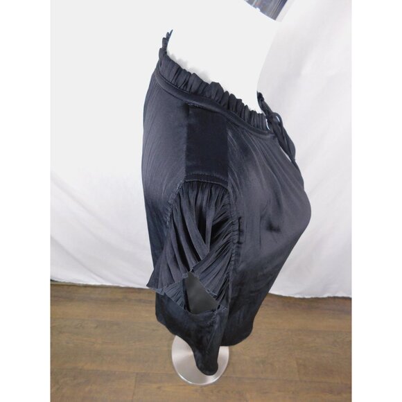 Current Air Blouse Womens XL Black Ruffle Flutter Sleeve Tie Neck Satin Pleated - Picture 8 of 12